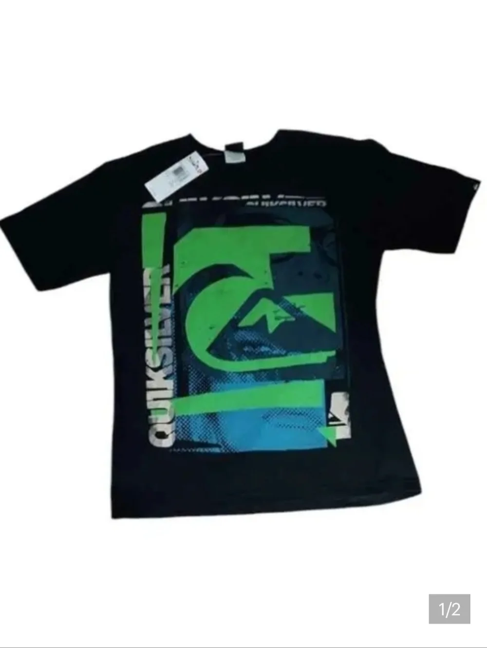 NWT Quicksilver Boys Black Tee with Blue and Green Design ~sz L